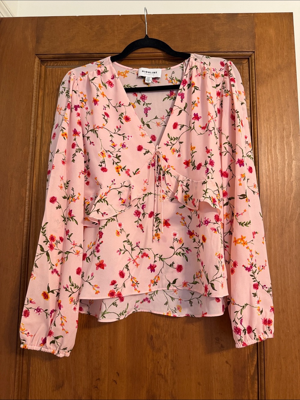 Highline Collective Pink Floral Tie-Front Ruffle Blouse